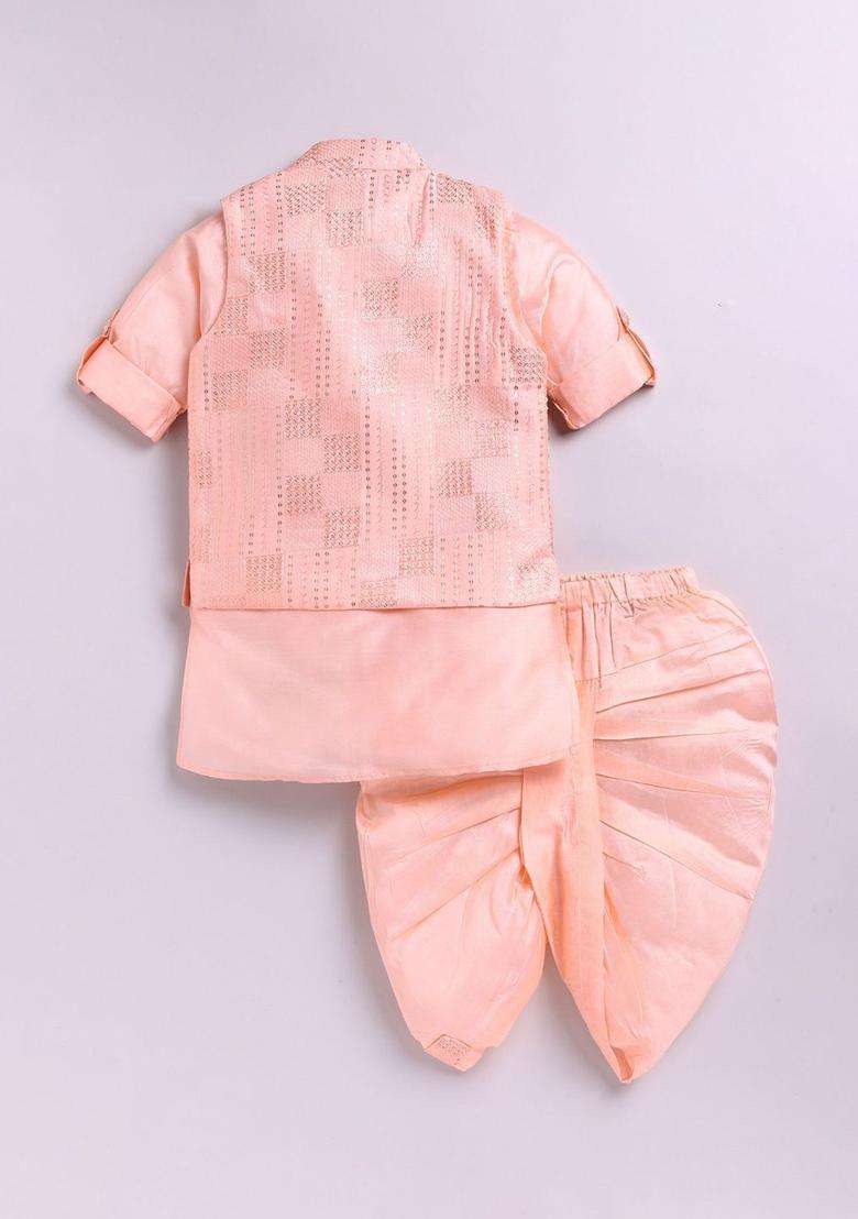 Peach Solid Silk Kurta Set For Boys - Indya