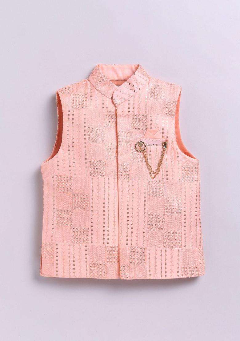 Peach Solid Silk Kurta Set For Boys - Indya