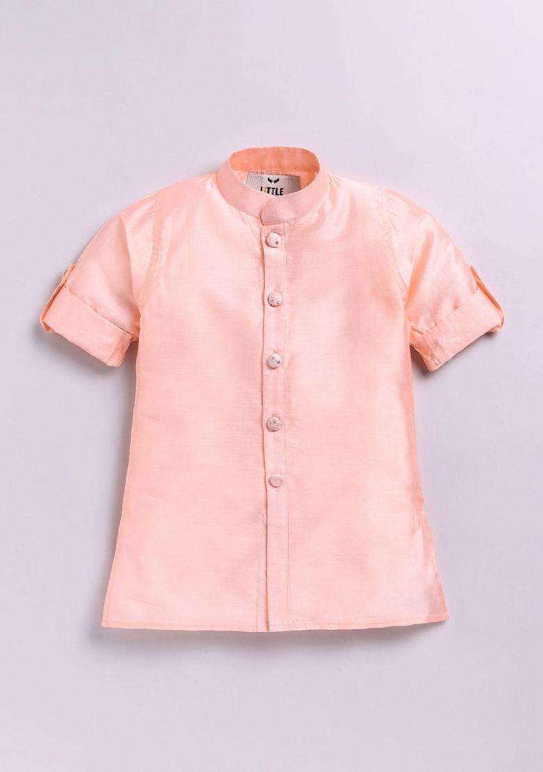 Peach Solid Silk Kurta Set For Boys - Indya