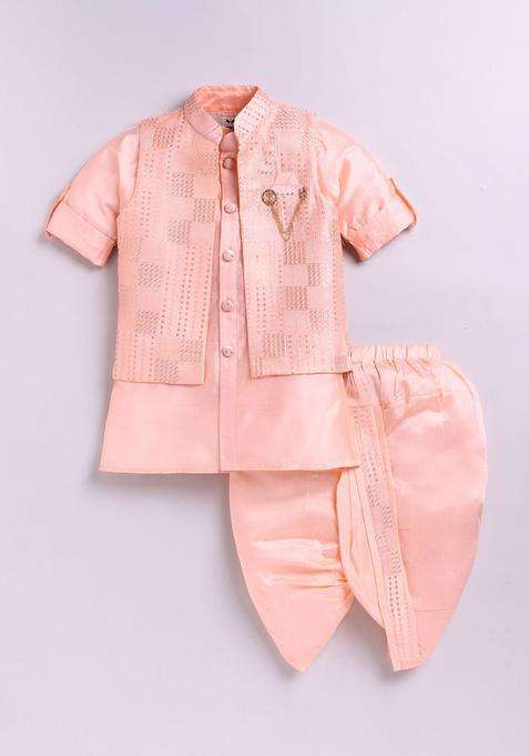 Peach Solid Silk Kurta Set For Boys