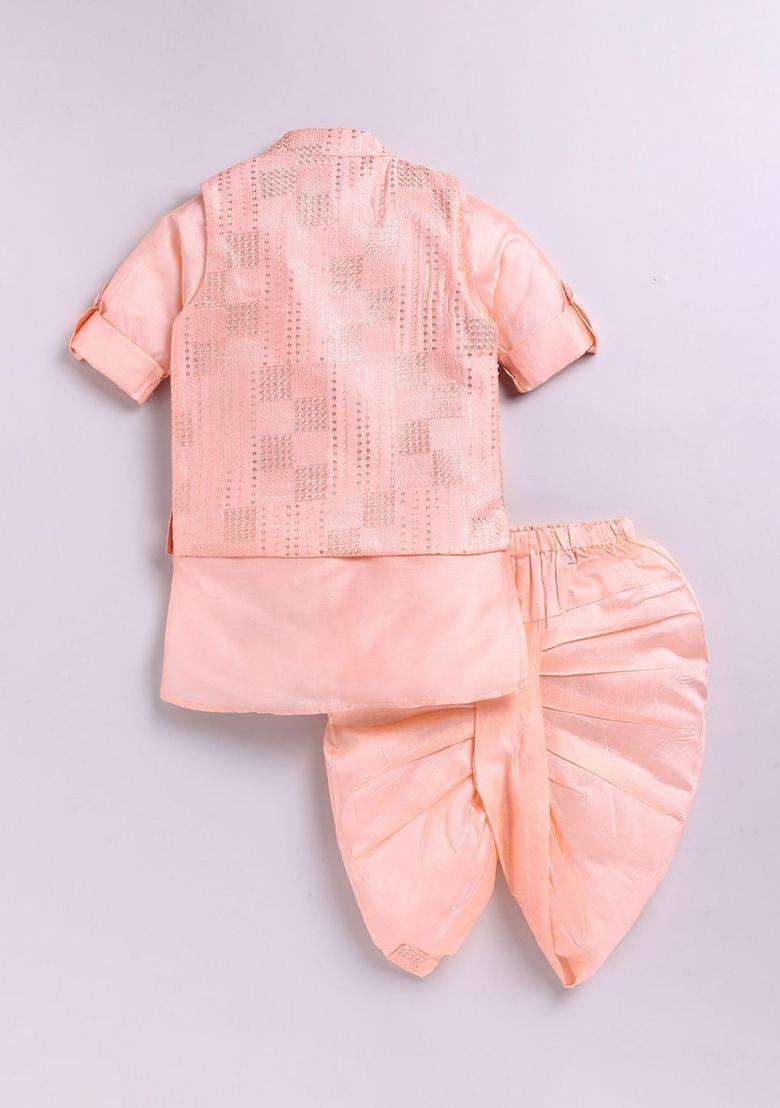 Peach Embroidered Silk Kurta Set For Boys - Indya