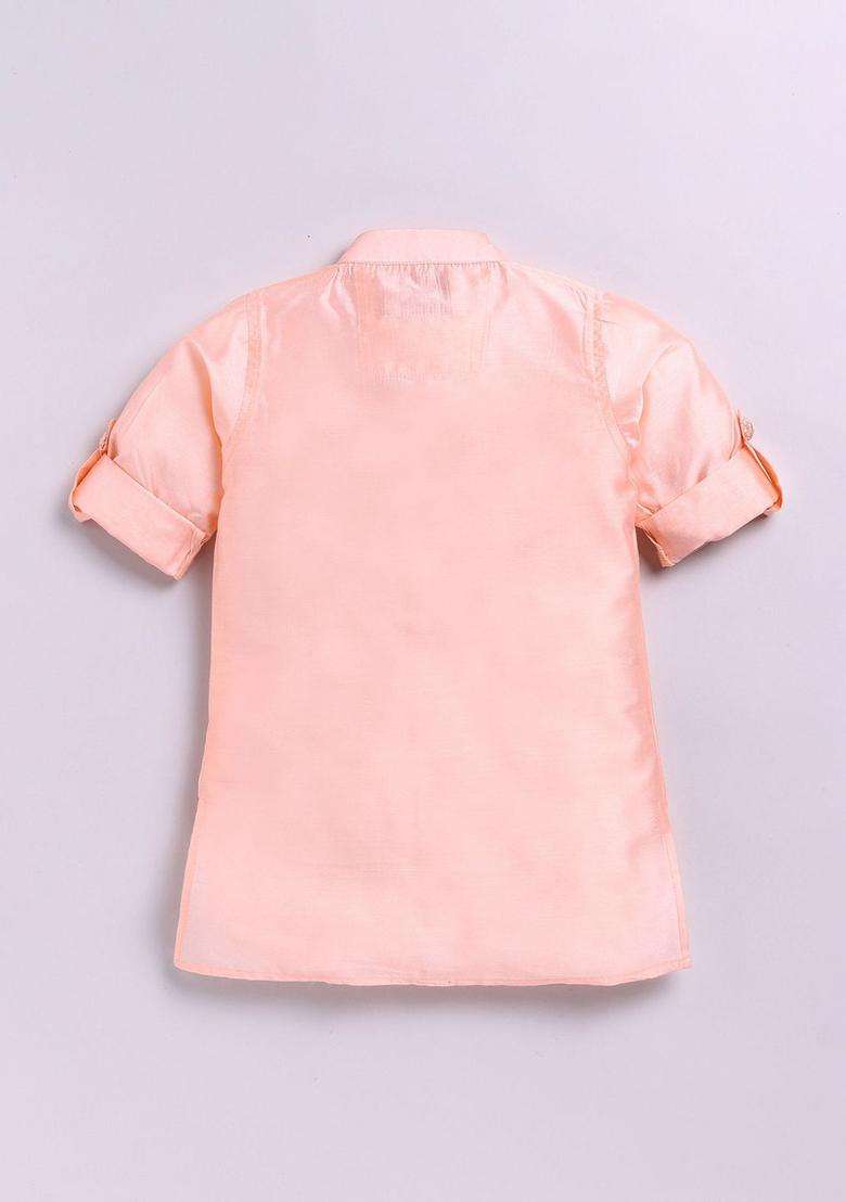 Peach Embroidered Silk Kurta Set For Boys - Indya