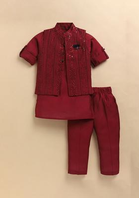 Red Embroidered Silk Kurta Set For Boys