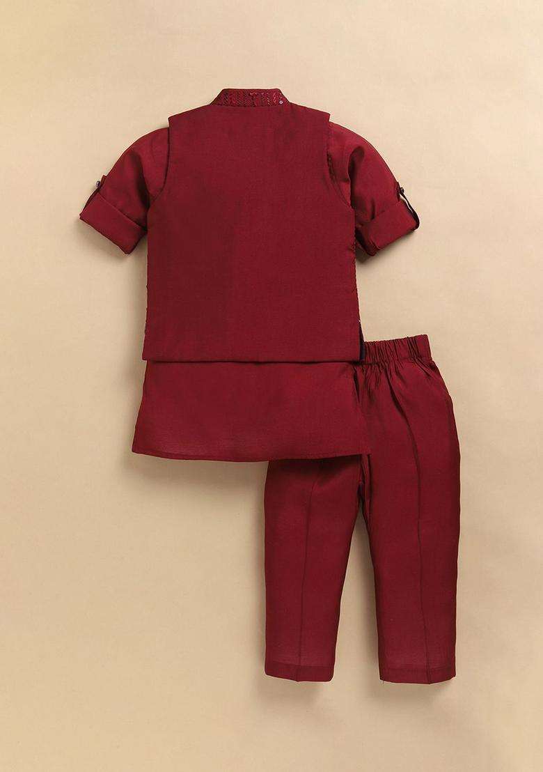 Red Embroidered Silk Kurta Set For Boys - Indya