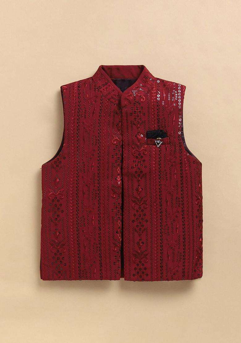 Red Embroidered Silk Kurta Set For Boys - Indya