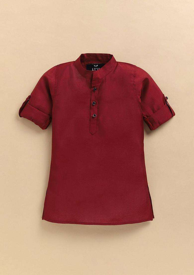 Red Embroidered Silk Kurta Set For Boys - Indya
