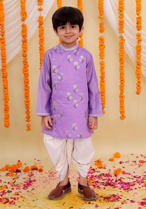 Purple Printed Chanderi Kurta Set For Boys — view on Indya