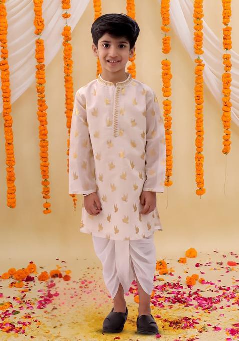 Off White Printed Chanderi Kurta Set For Boys — view on Indya