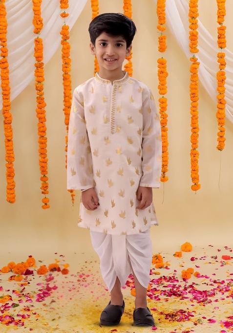Off White Printed Chanderi Kurta Set For Boys — view on Indya