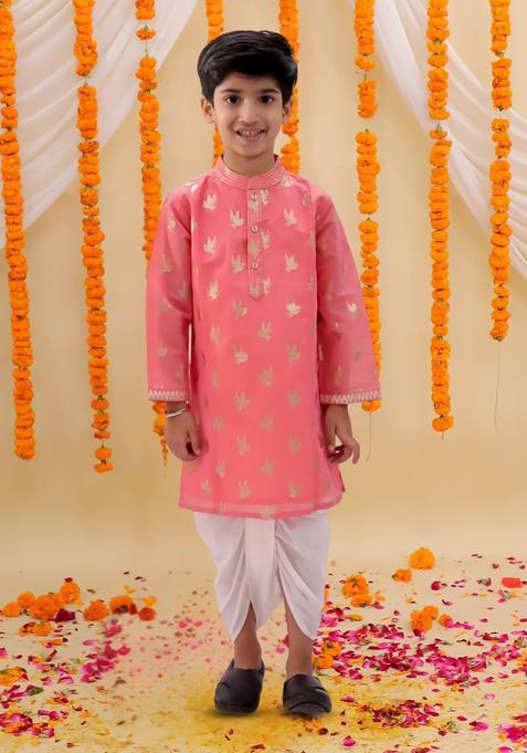 Peach Printed Chanderi Kurta Set For Boys — view on Indya