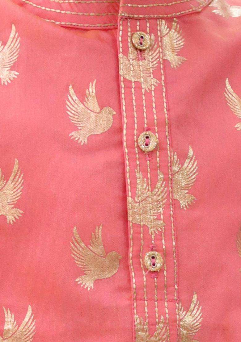 Peach Printed Chanderi Kurta Set For Boys - Indya
