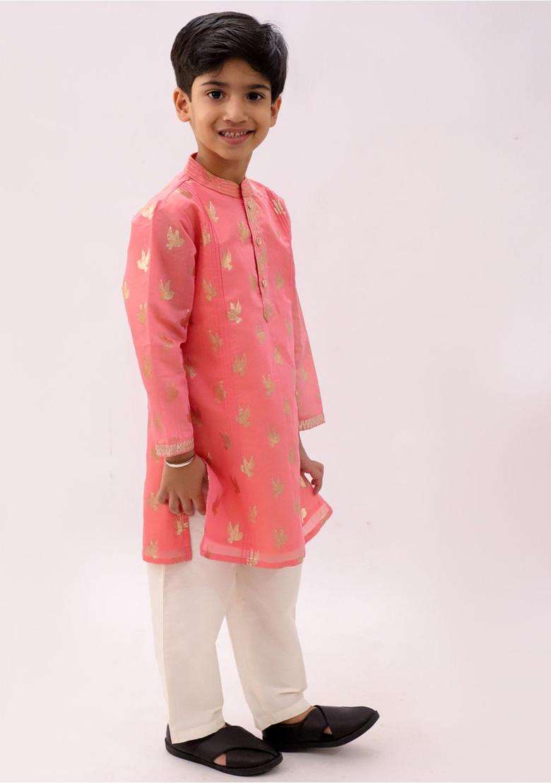 Peach Printed Chanderi Kurta Set For Boys - Indya
