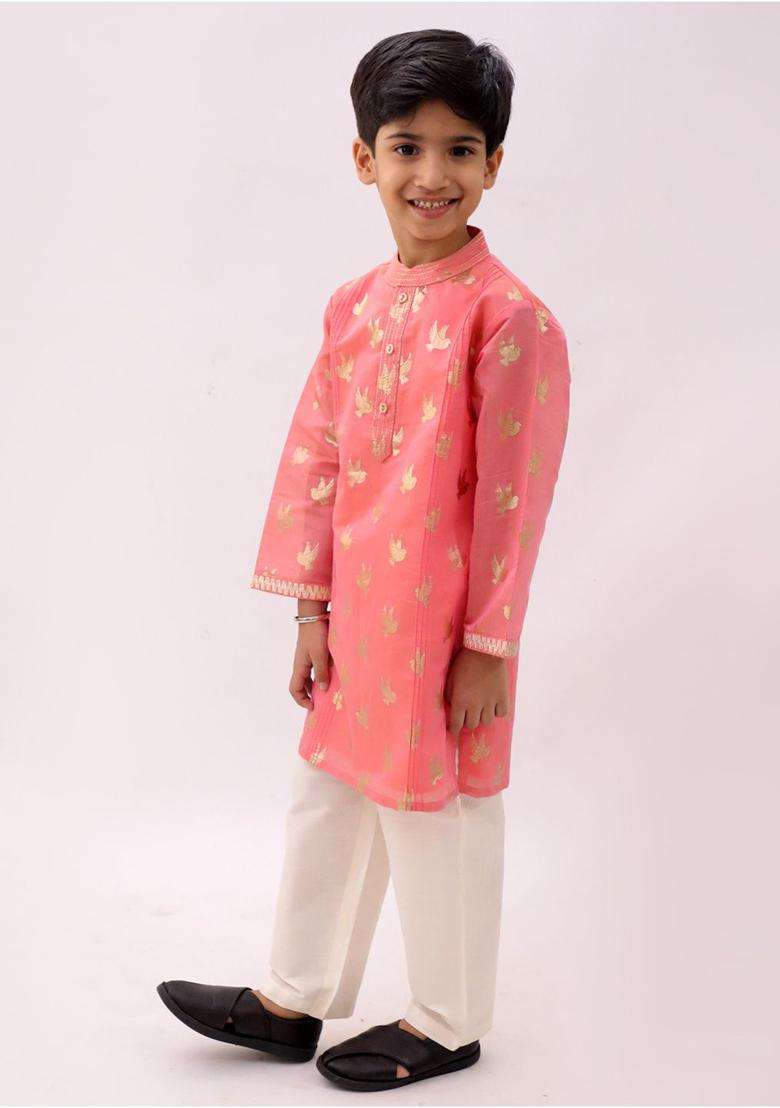 Peach Printed Chanderi Kurta Set For Boys - Indya