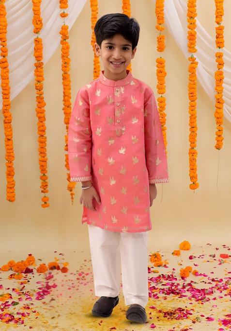 Peach Printed Chanderi Kurta Set For Boys — view on Indya