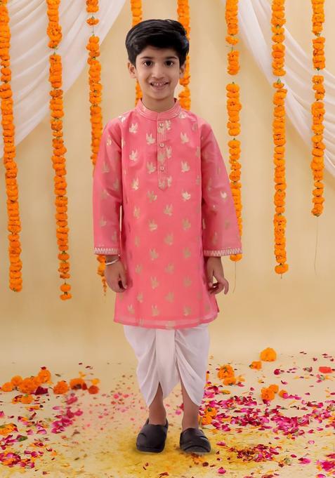 Peach Printed Chanderi Kurta Set For Boys — view on Indya
