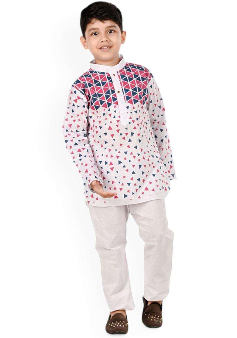 White Printed Cotton Kurta Set For Boys - Indya