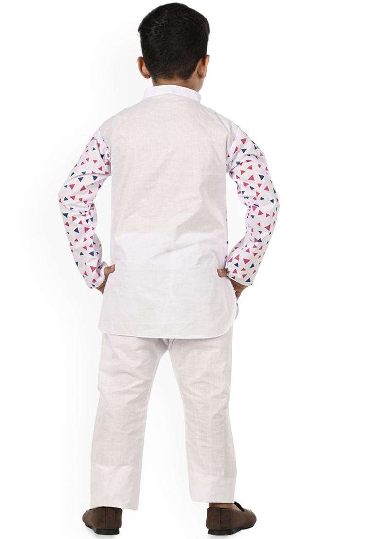 White Printed Cotton Kurta Set For Boys - Indya