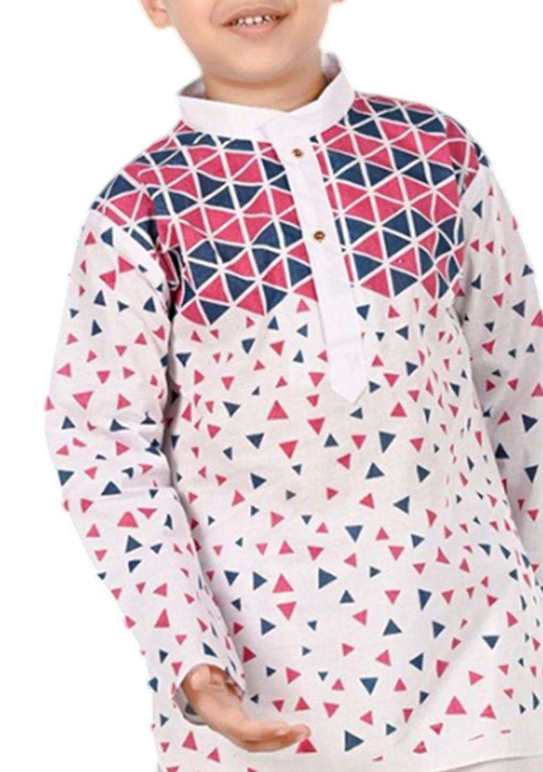 White Printed Cotton Kurta Set For Boys - Indya