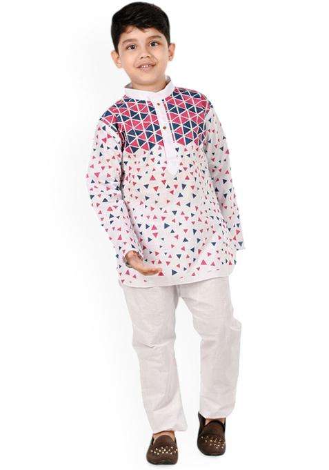 White Printed Cotton Kurta Set For Boys