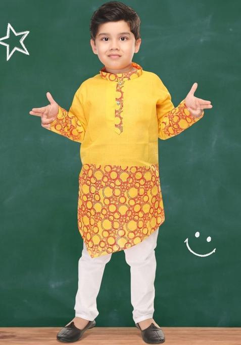 Yellow Printed Cotton Kurta Set For Boys — view on Indya