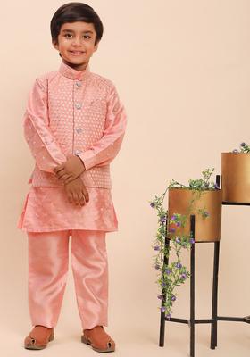 Pink Woven Design Silk Kurta Set For Boys