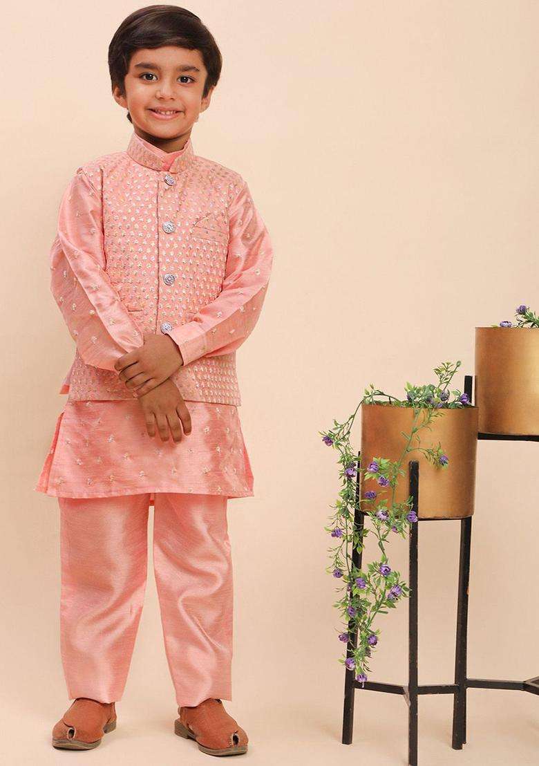 Pink Woven Design Silk Kurta Set For Boys - Indya