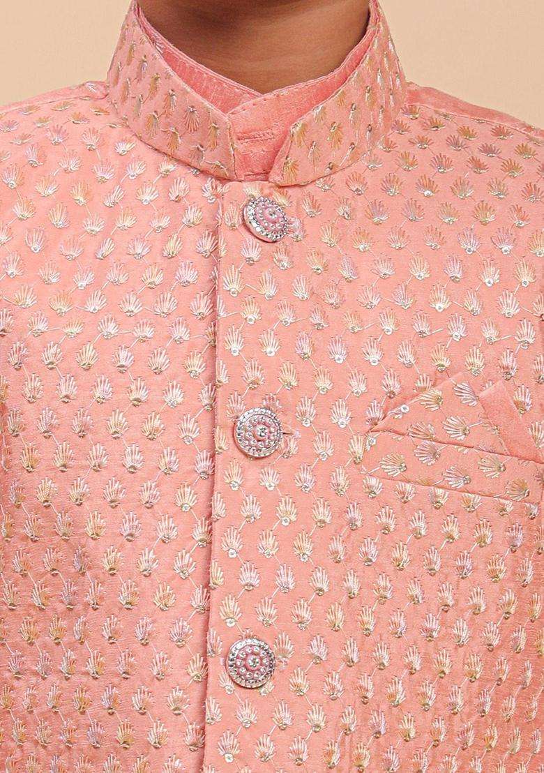 Pink Woven Design Silk Kurta Set For Boys - Indya