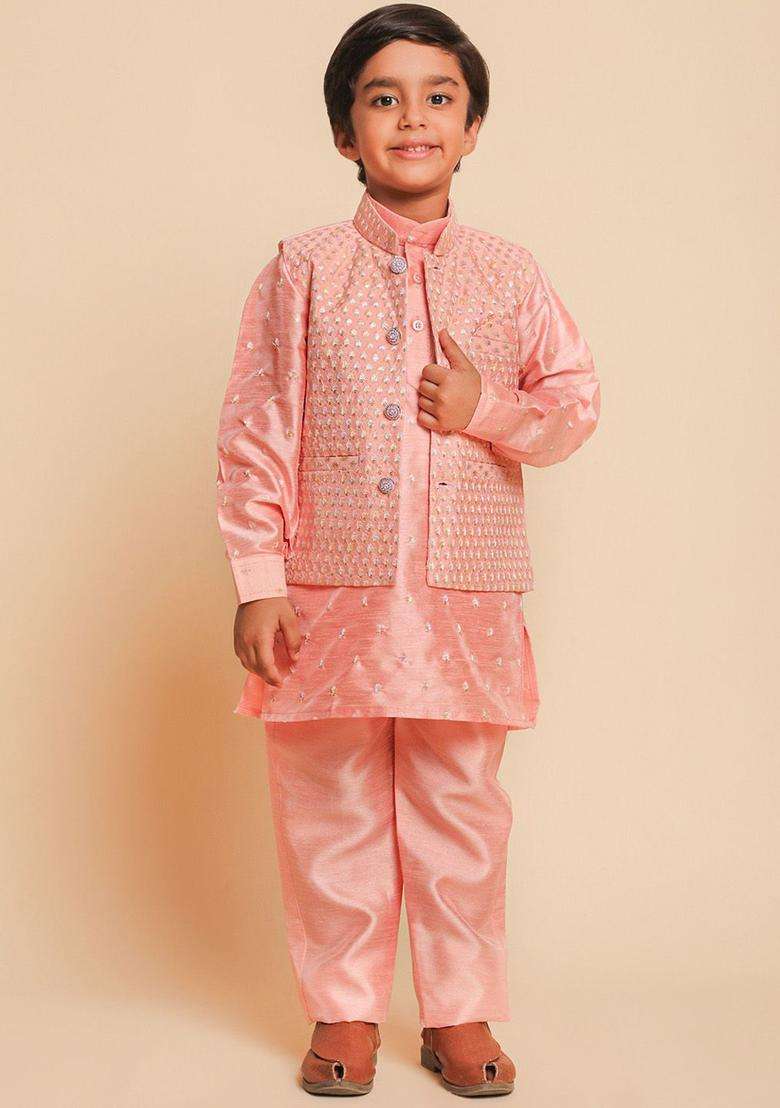 Pink Woven Design Silk Kurta Set For Boys - Indya