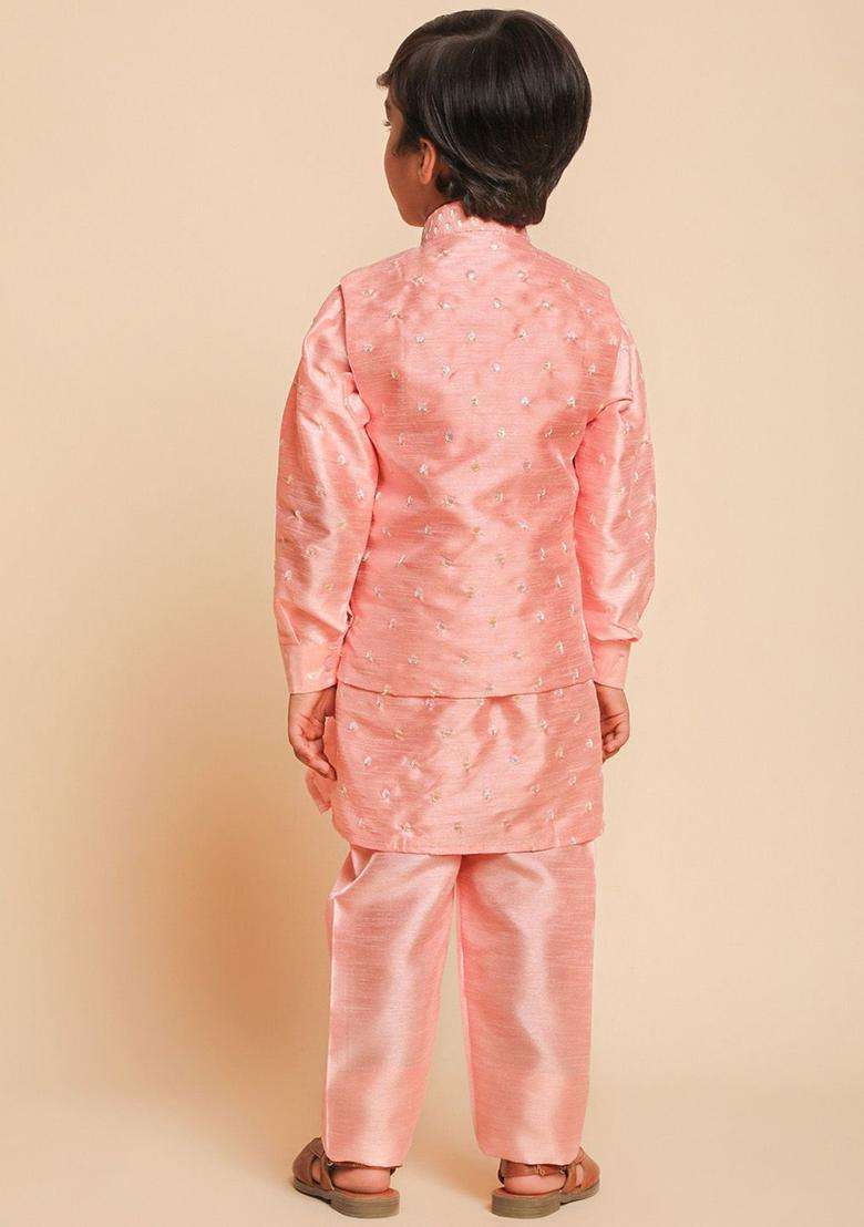 Pink Woven Design Silk Kurta Set For Boys - Indya