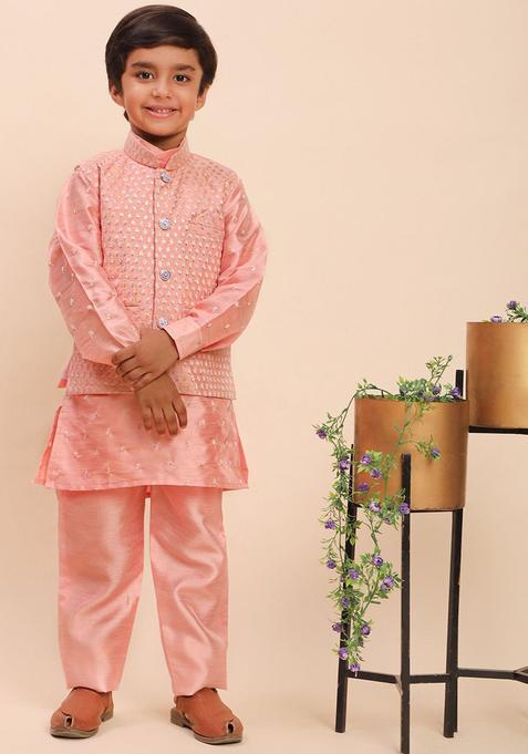 Pink Woven Design Silk Kurta Set For Boys — view on Indya