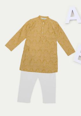 Mustard Printed Viscose Kurta Set For Boys