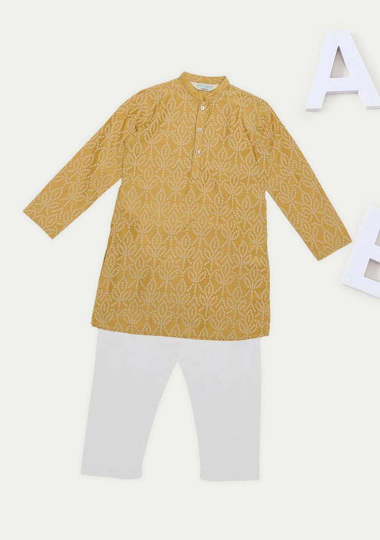 Mustard Printed Viscose Kurta Set For Boys - Indya