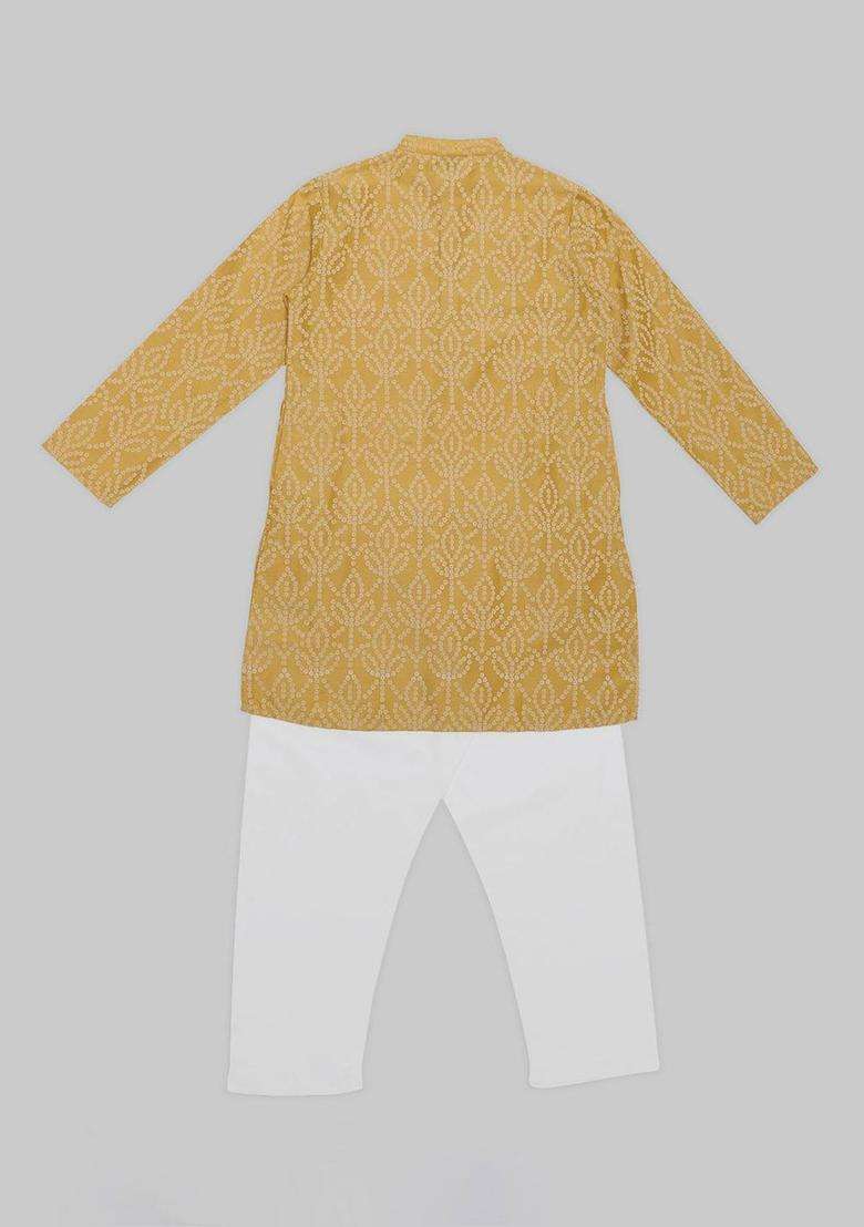 Mustard Printed Viscose Kurta Set For Boys - Indya