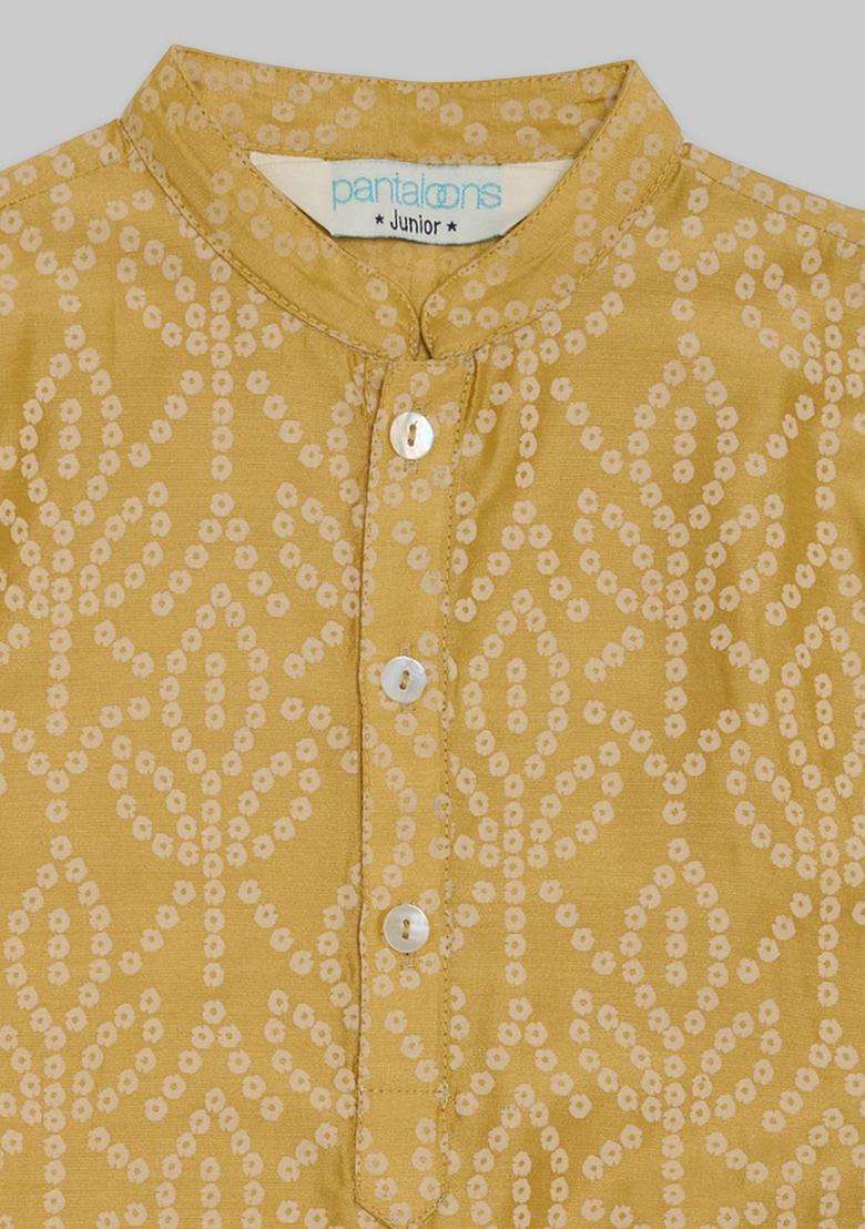 Mustard Printed Viscose Kurta Set For Boys - Indya