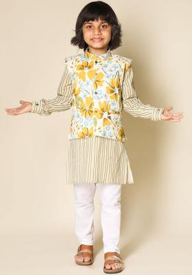 Mustard Printed Cotton Kurta Set For Boys