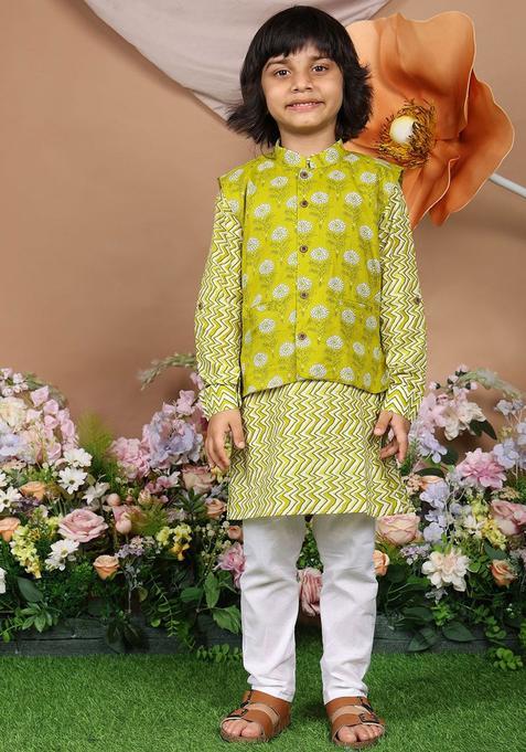 Green Printed Cotton Kurta Set For Boys — view on Indya