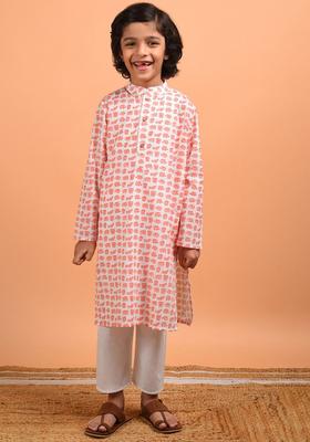 Peach Printed Cotton Kurta Set For Boys
