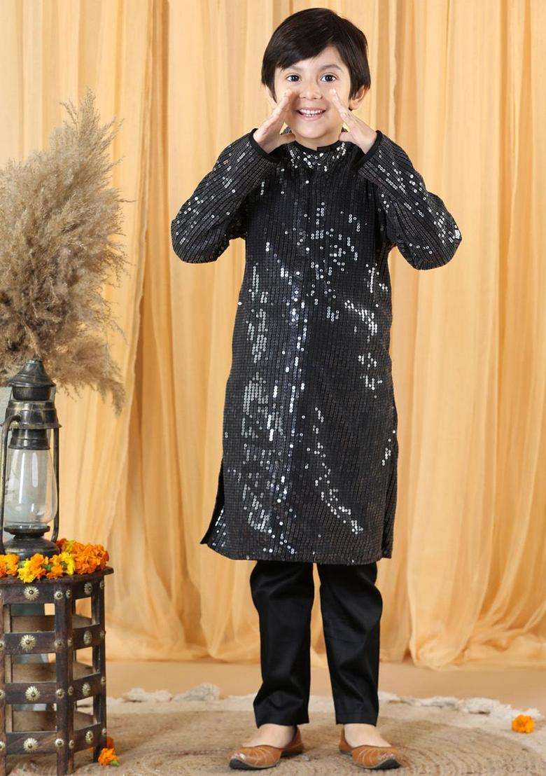 Black Embroidered Polyester Kurta Set For Boys - Indya