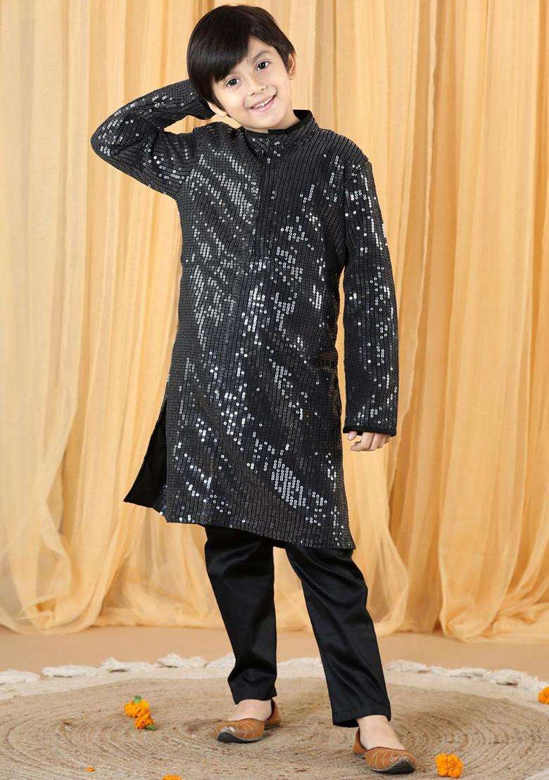 Black Embroidered Polyester Kurta Set For Boys - Indya
