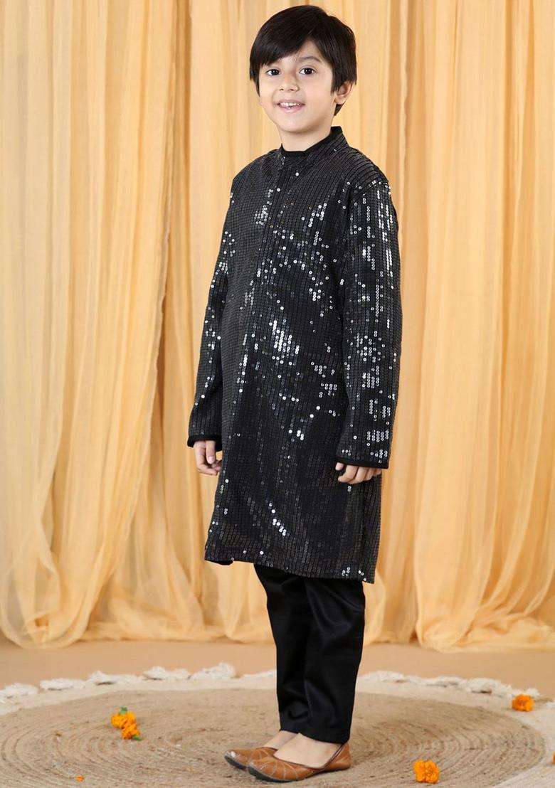 Black Embroidered Polyester Kurta Set For Boys - Indya