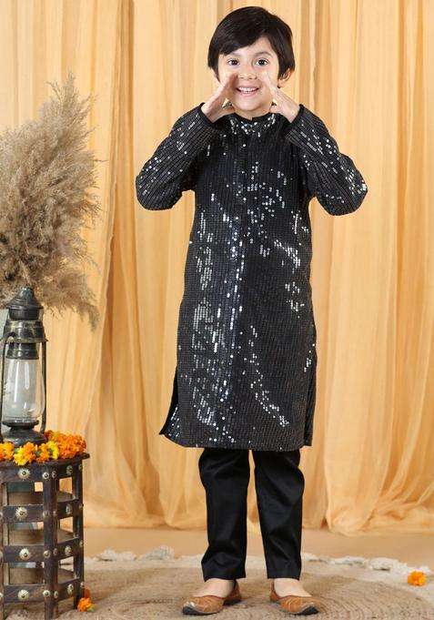 Black Embroidered Polyester Kurta Set For Boys