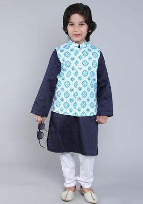 Navy Blue Printed Cotton Kurta Set For Boys