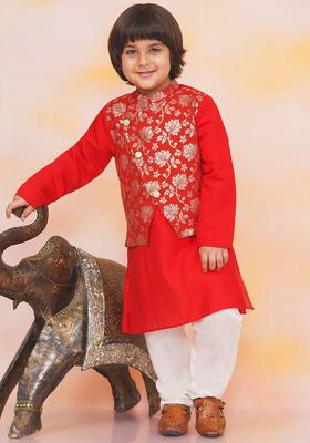 Red Woven Design Silk Kurta Set For Boys