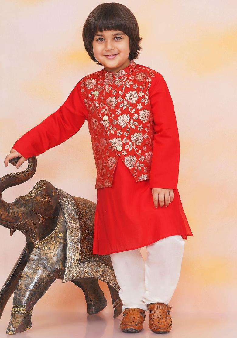 Red Woven Design Silk Kurta Set For Boys - Indya