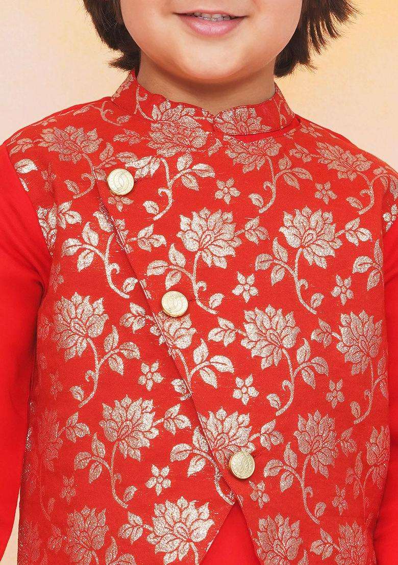Red Woven Design Silk Kurta Set For Boys - Indya