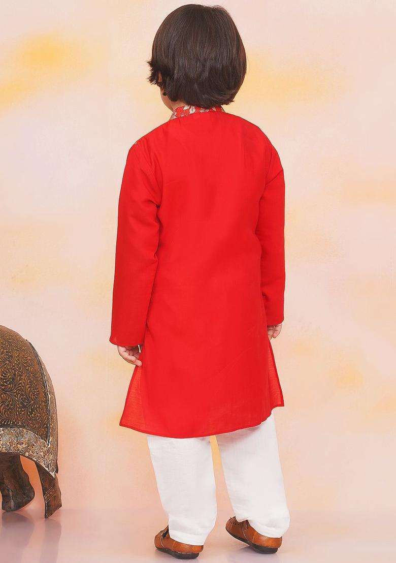 Red Woven Design Silk Kurta Set For Boys - Indya