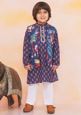 Navy Blue Printed Cotton Kurta Set For Boys
