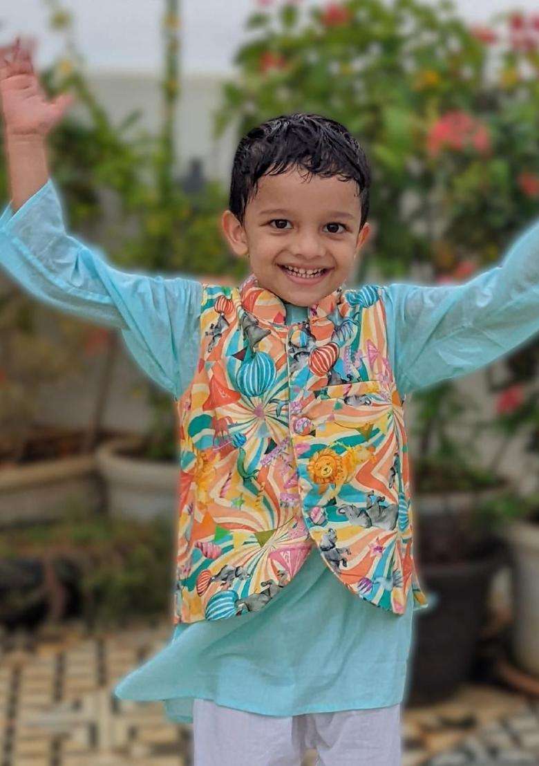 Multi Printed Cotton Kurta Set For Boys - Indya