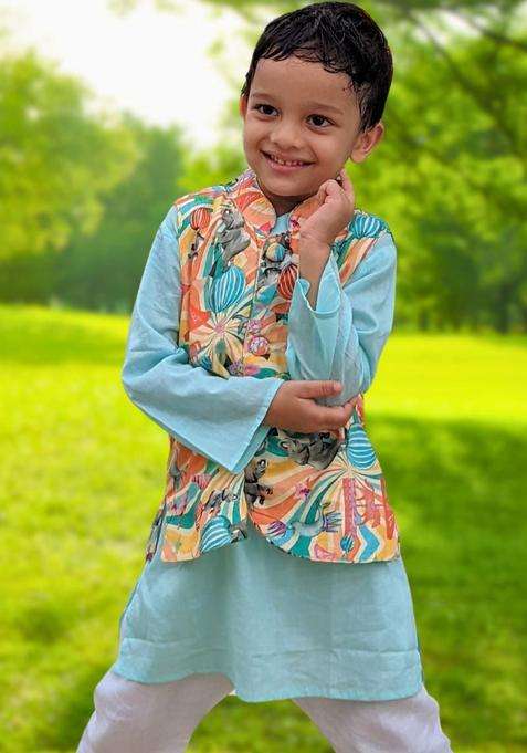 Multi Printed Cotton Kurta Set For Boys