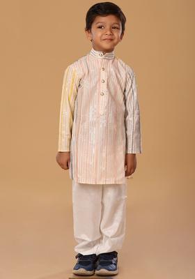 Peach Embroidered Cotton Kurta Set For Boys